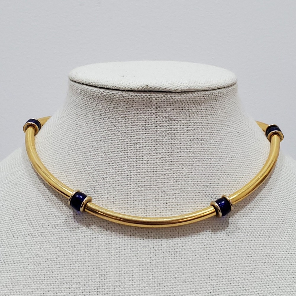 Vtg Omega Style Statement Choker Necklace Gold Tone Metal & Blue Glass Beads